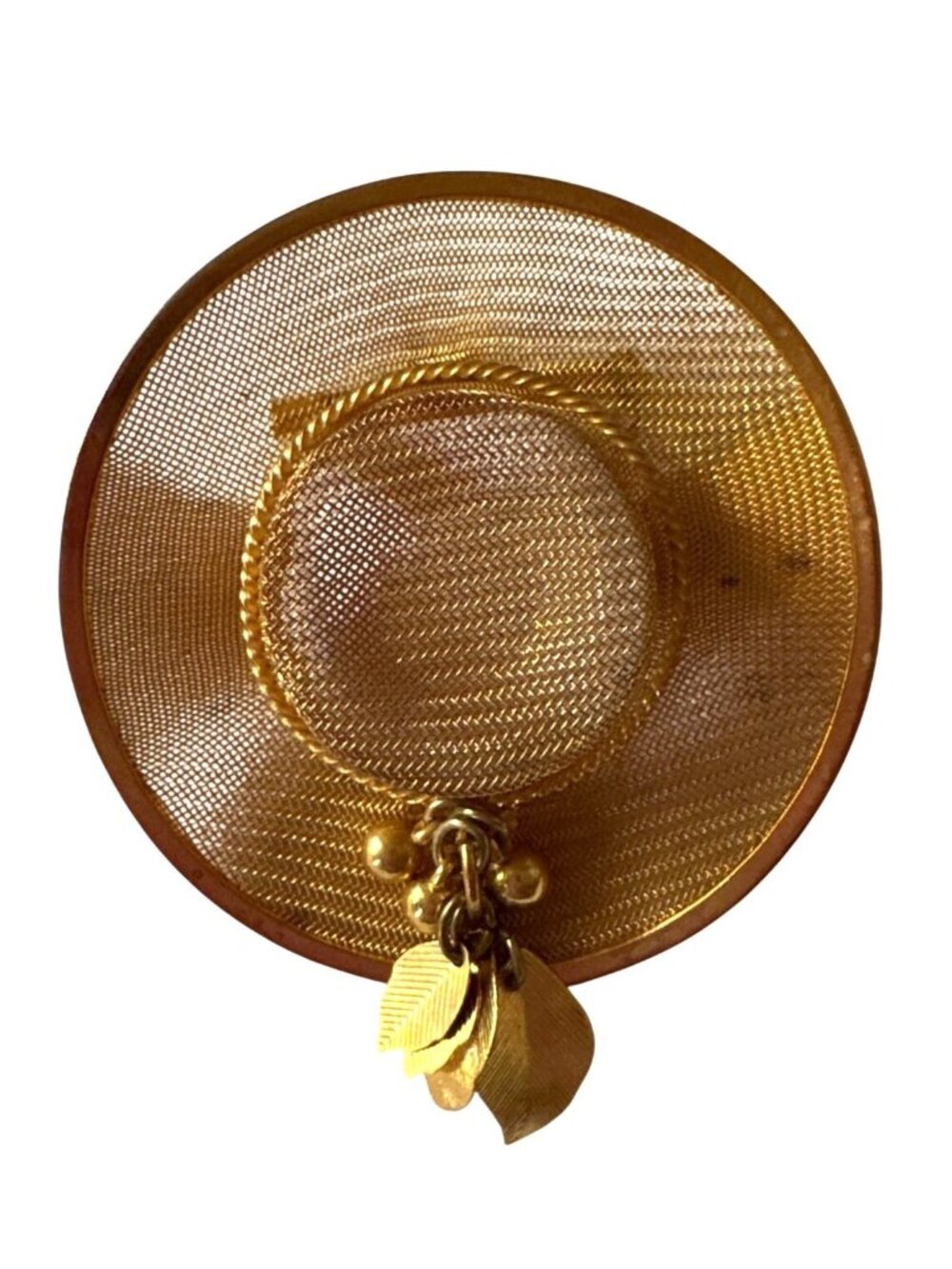 Vintage 80's Gold-Tone Mesh Hat Brooch With Dangling Leaf Charms